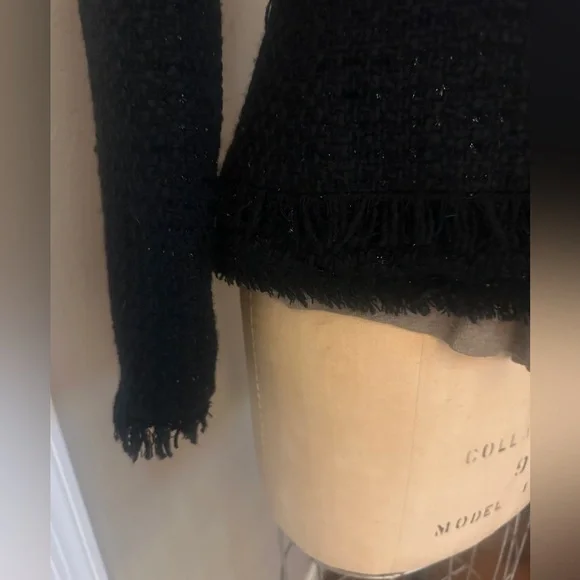 Allen B. By Allen Schwartz Black Tweed Fitted Blazer with Frayed Hem and Sleeves - Picture 11 of 12